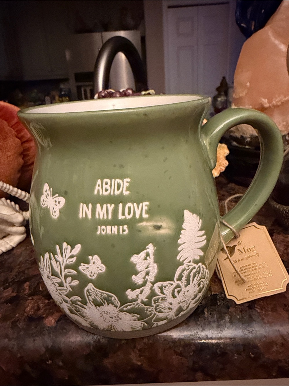 Abide In My Love Green Decorative Ceramic Mug - Inspirational Home Art